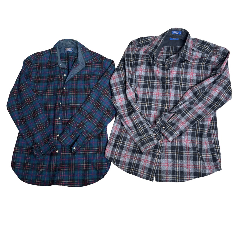 2 Pendleton Lodge Shirts Mens M/L Wool Plaid Button Up Green Grey DISTRESSED SEE